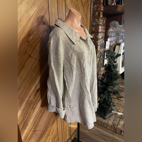 Flax Women’s Large Linen Tan Plaid Print Button Down Long Sleeve Shirt - Picture 3 of 7